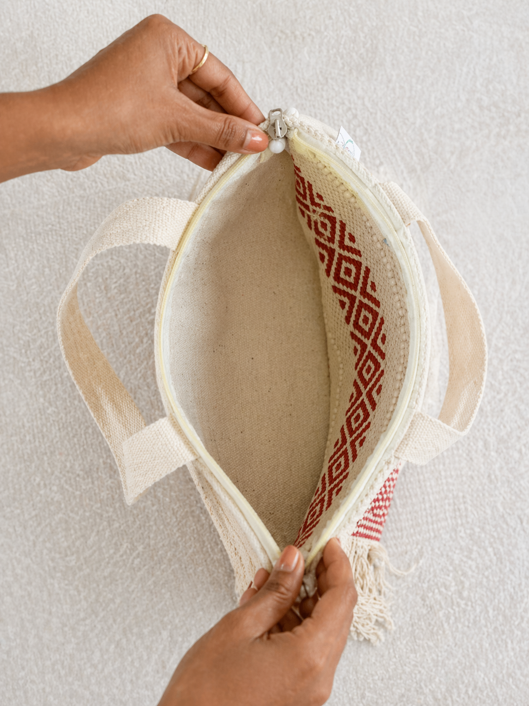 Eco Blue Woven Cotton Tote Bag with Tassel Fringe