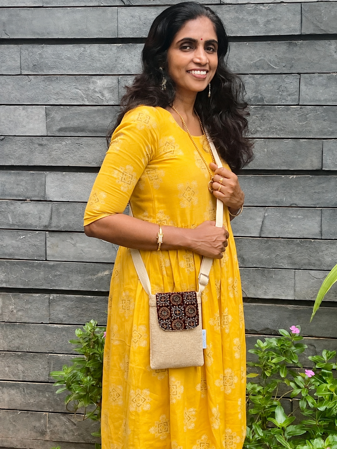 Beige n Brown Ajrak Flap Mobile Sling bag