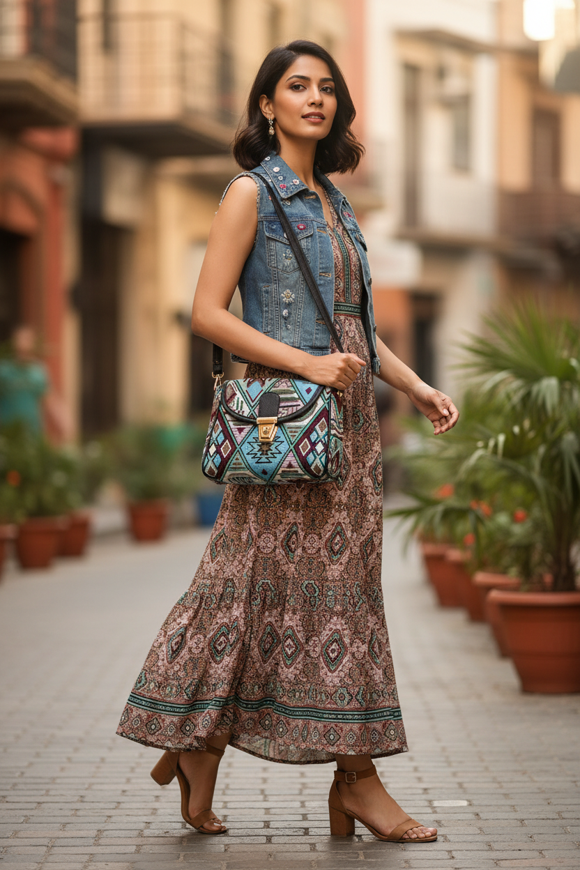 Boho Geometric Jacquard Turn Button Sling Bag