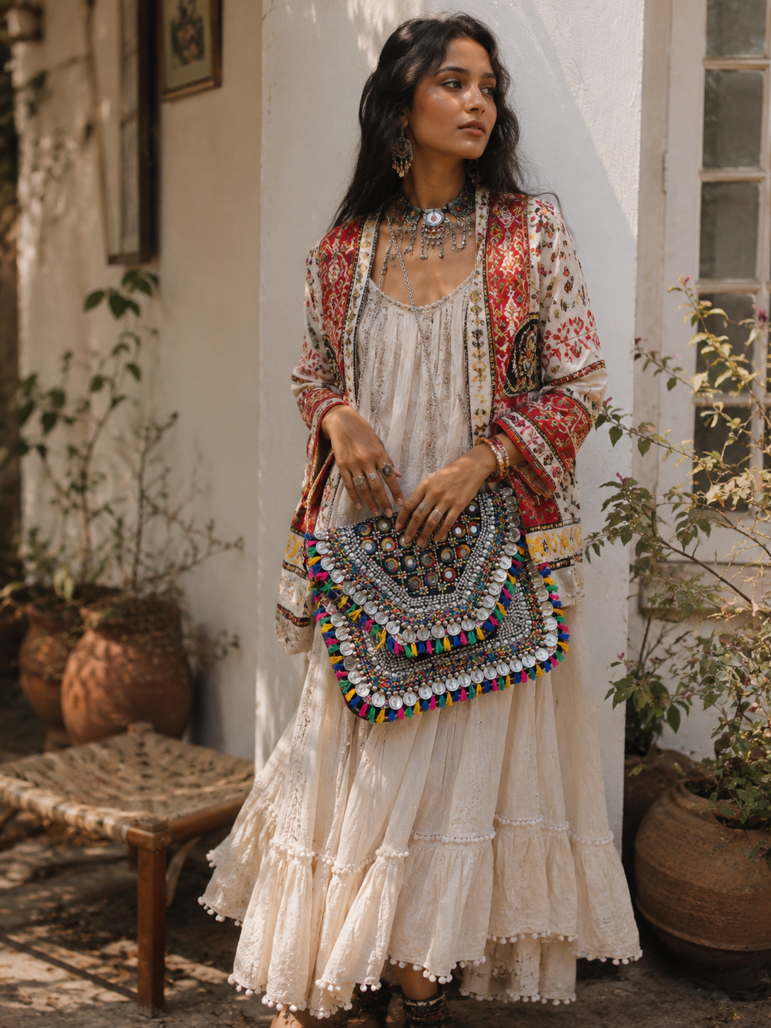 Multicolor Boho Coin Embellished Sling Bag with Mirror Work & Tassels