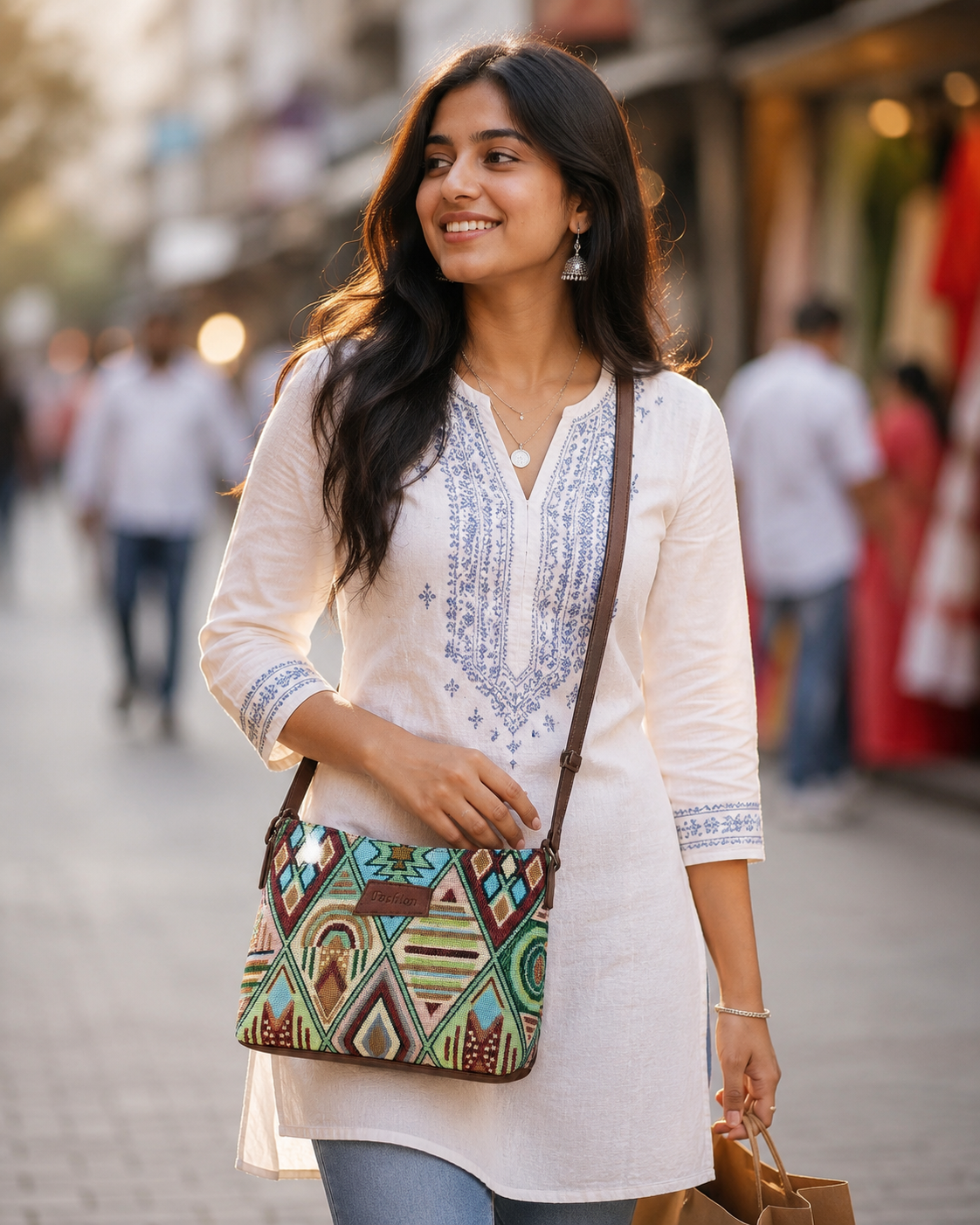 Boho Geometric Jacquard Cotton Sling Bag