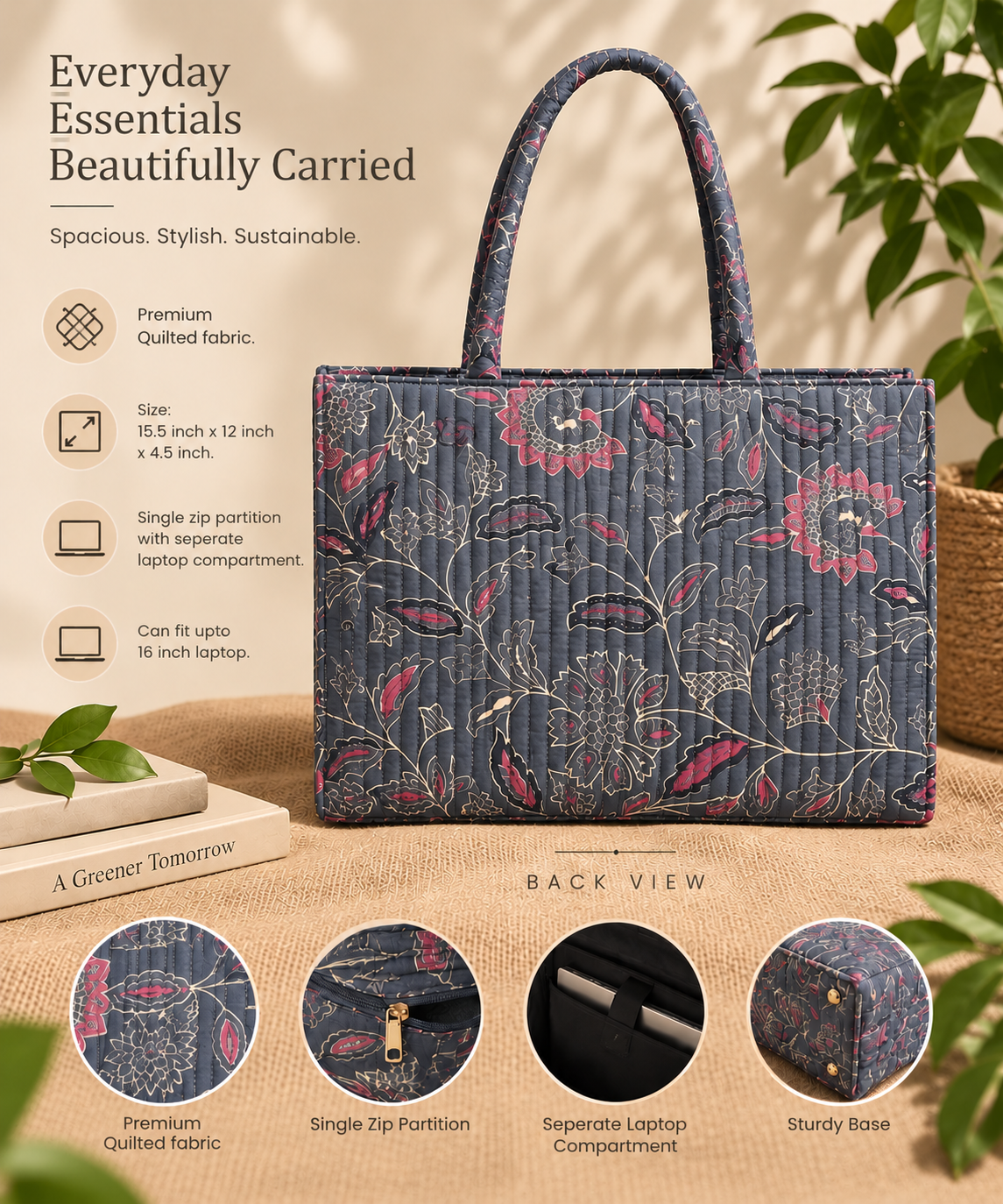 Grey Floral Quilted Laptop Tote Bag