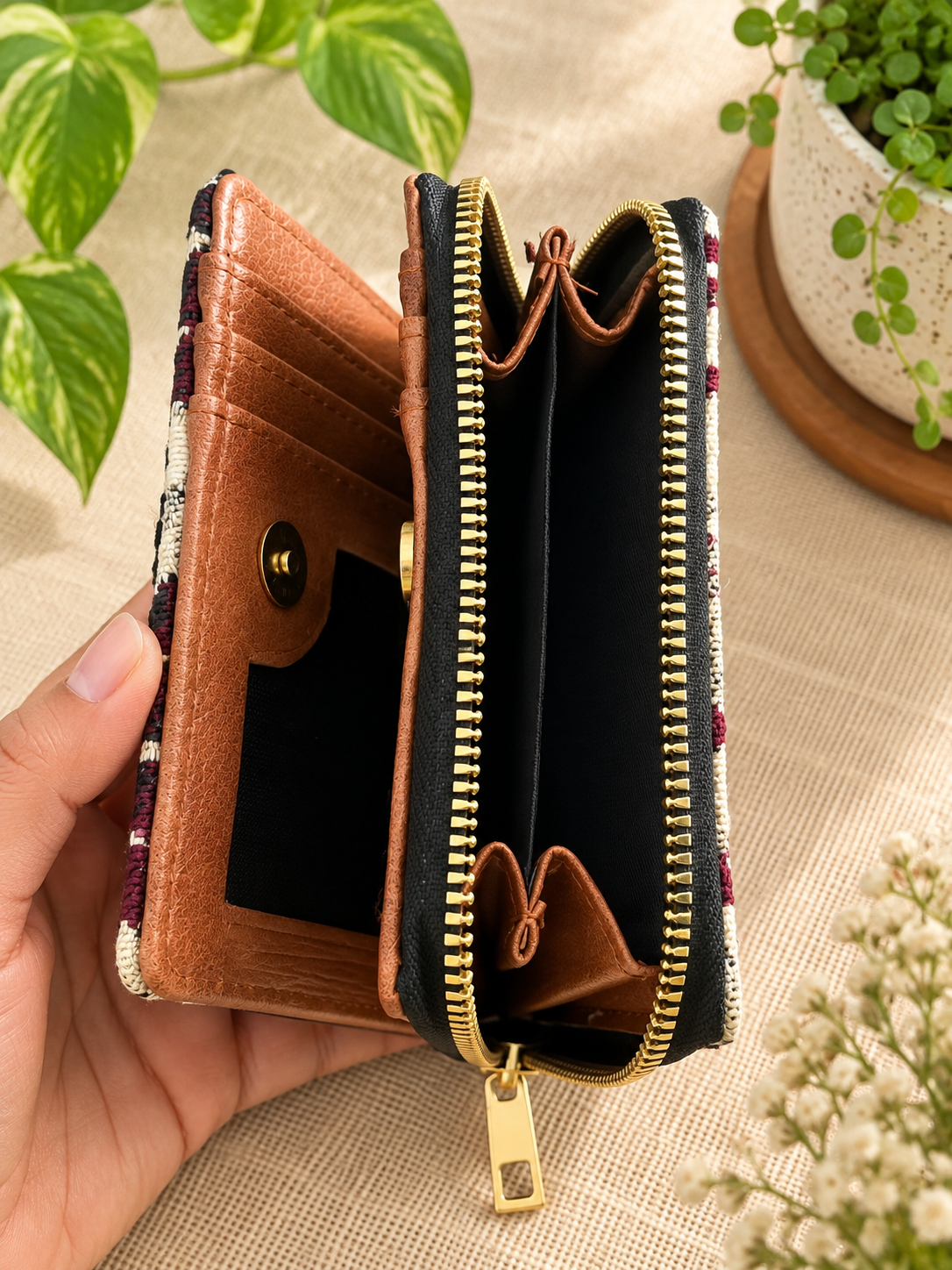 Maroon and Cream Woven Compact Everyday Wallet