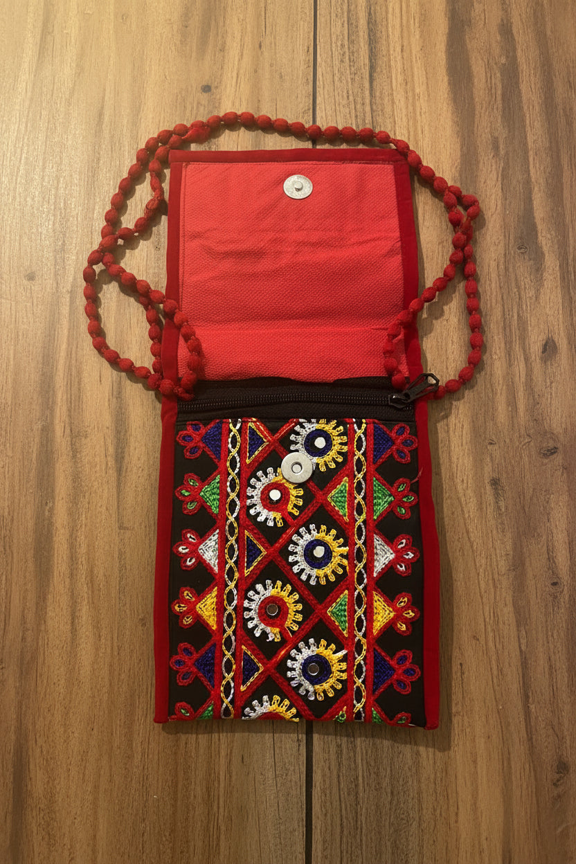 Red Bloom Mirror Work Sling & Saree Hook Purse