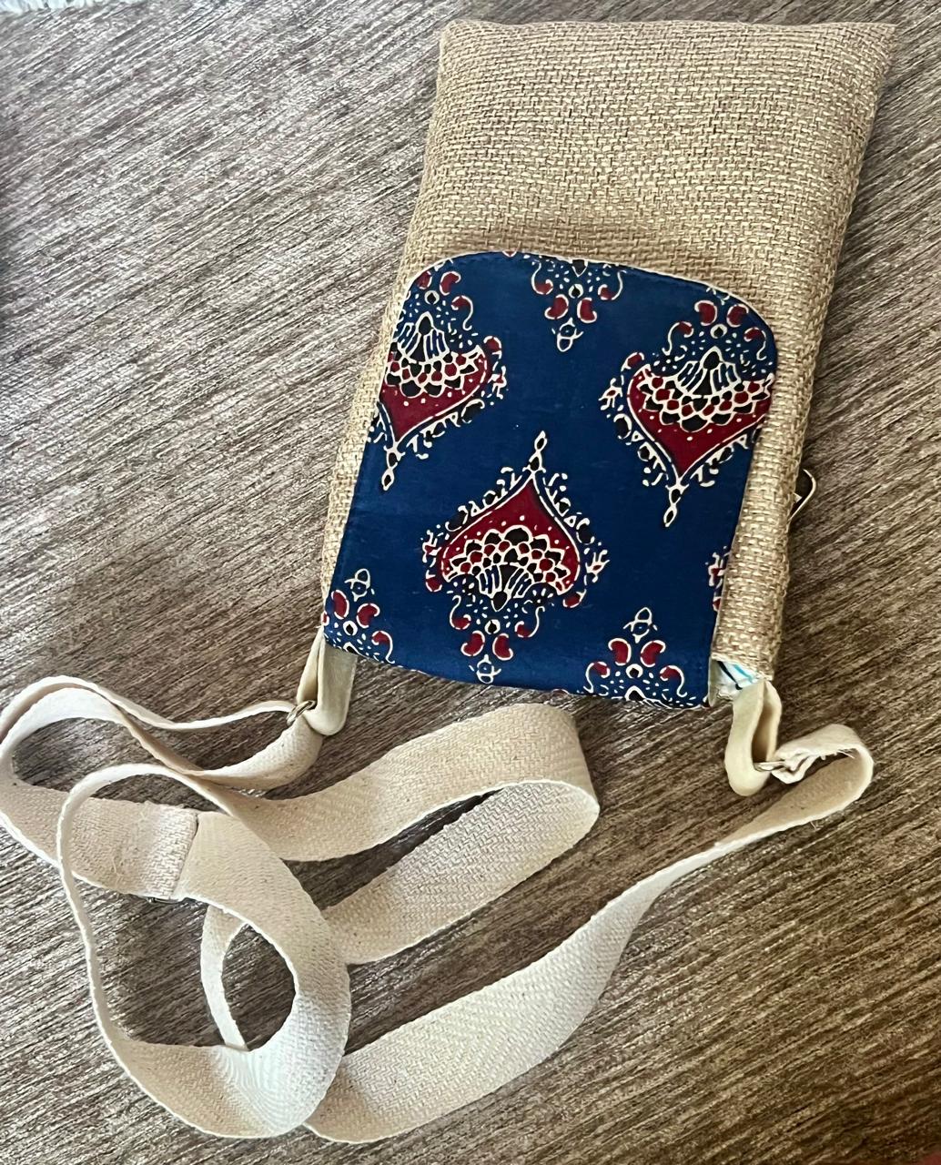 Beige n Blue Ajrak Flap Mobile Sling bag