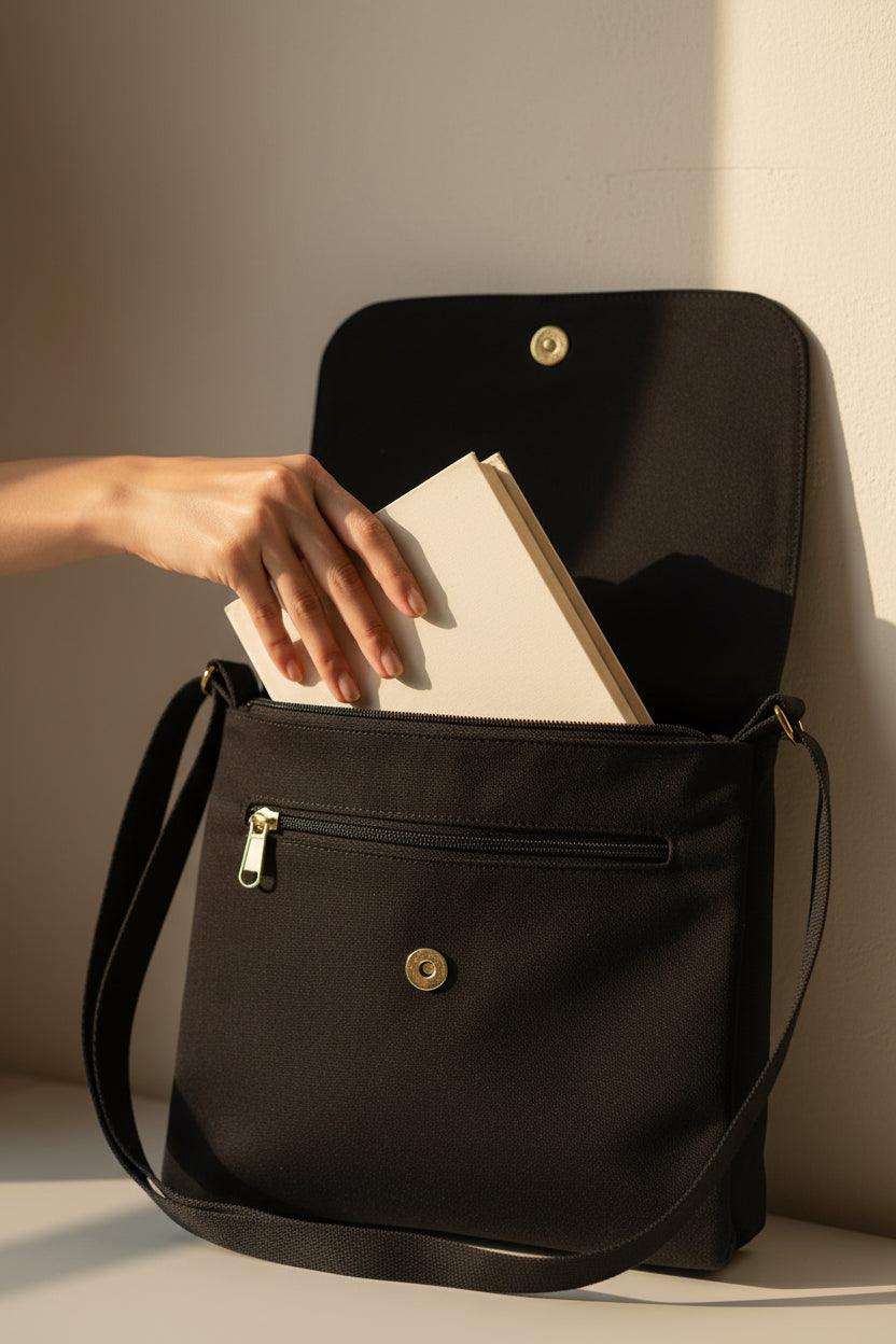 Black crossbody bag with gold magnetic button closure showing open in picture