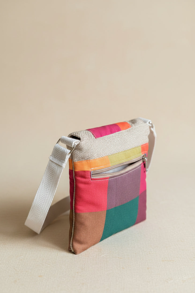 Handcrafted Jute Sling Bag with Madras Check Flap
