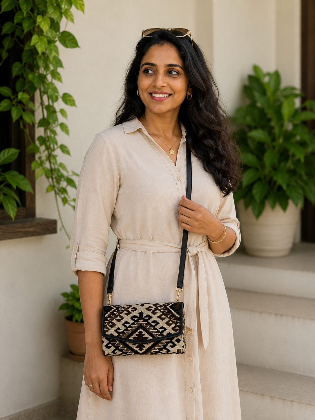 Brown Geometric Jacquard Mobile Sling Wallet