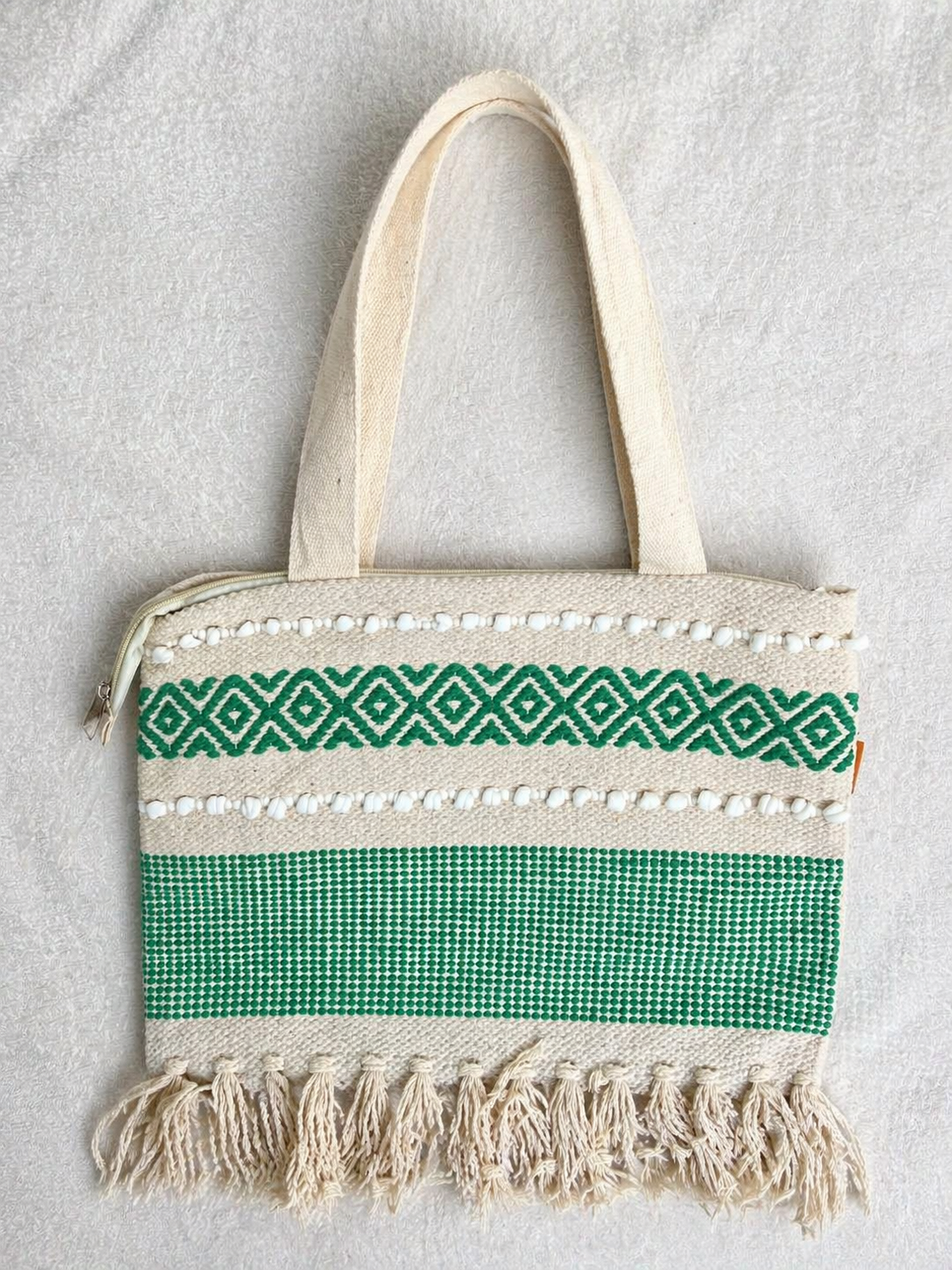 Eco Woven Cotton Green Tote Bag with Tassel Fringe