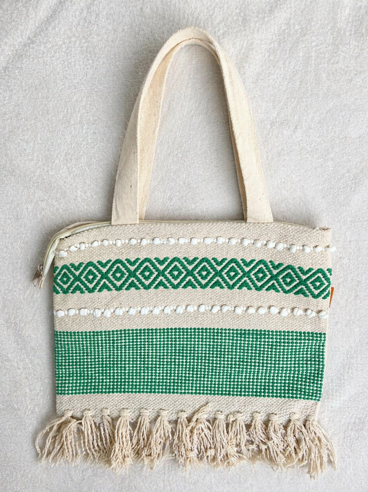 Eco Woven Cotton Green Tote Bag with Tassel Fringe