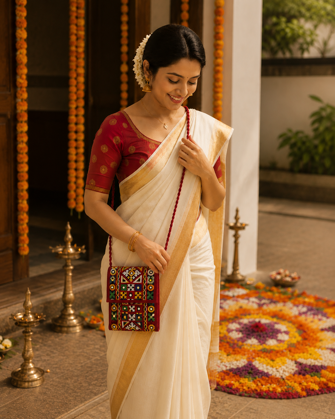 Red Mirror Work Sling & Saree Hook Purse