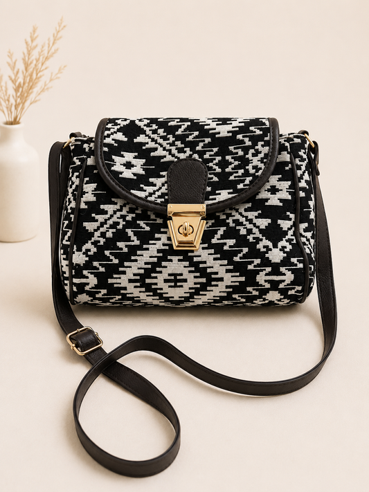 Black and White Geometric Jacquard Turn button Sling Bag for Women
