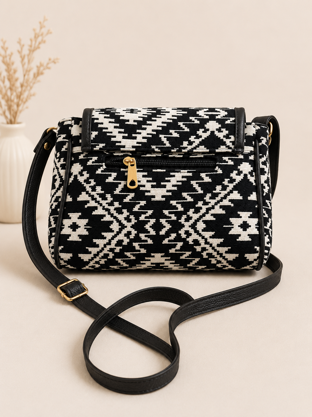Black and White Geometric Jacquard Turn button Sling Bag for Women