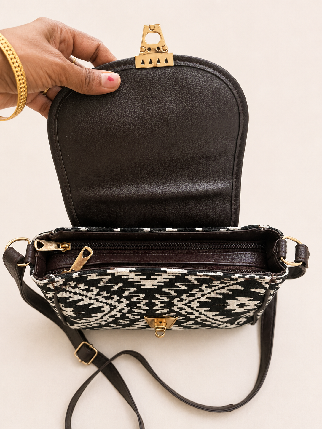 Black and White Geometric Jacquard Turn button Sling Bag for Women