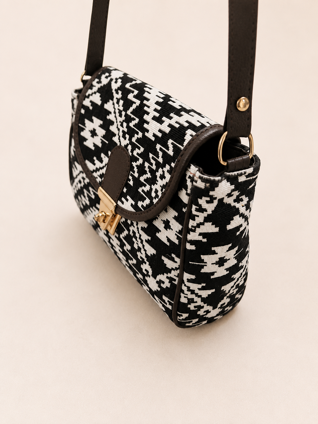 Black and White Geometric Jacquard Turn button Sling Bag for Women