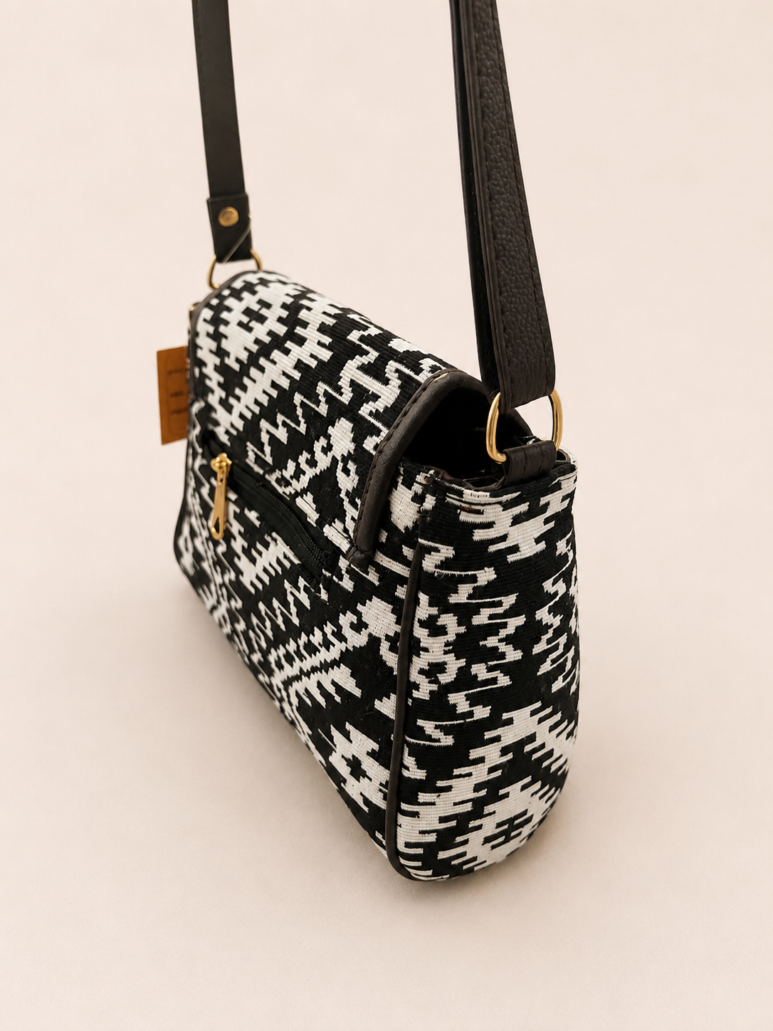 Black and White Geometric Jacquard Turn button Sling Bag for Women