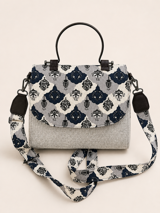 Grey & Black Printed Sling Bag with Metal Top Handle