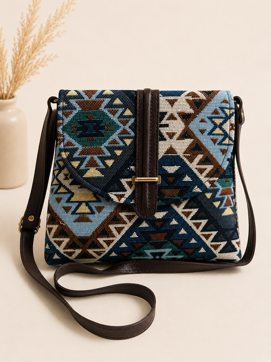 Jacquard Blue Sling – Premium Multi-Compartment Crossbody Bag
