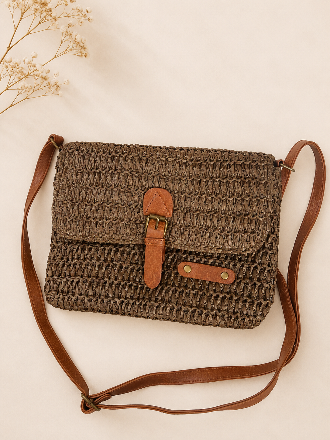 Handwoven Brown Boho Straw Sling Bag