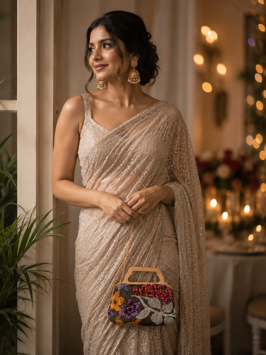 Embellished Floral Wooden Handle Clutch Bag with Detachable Chain Strap