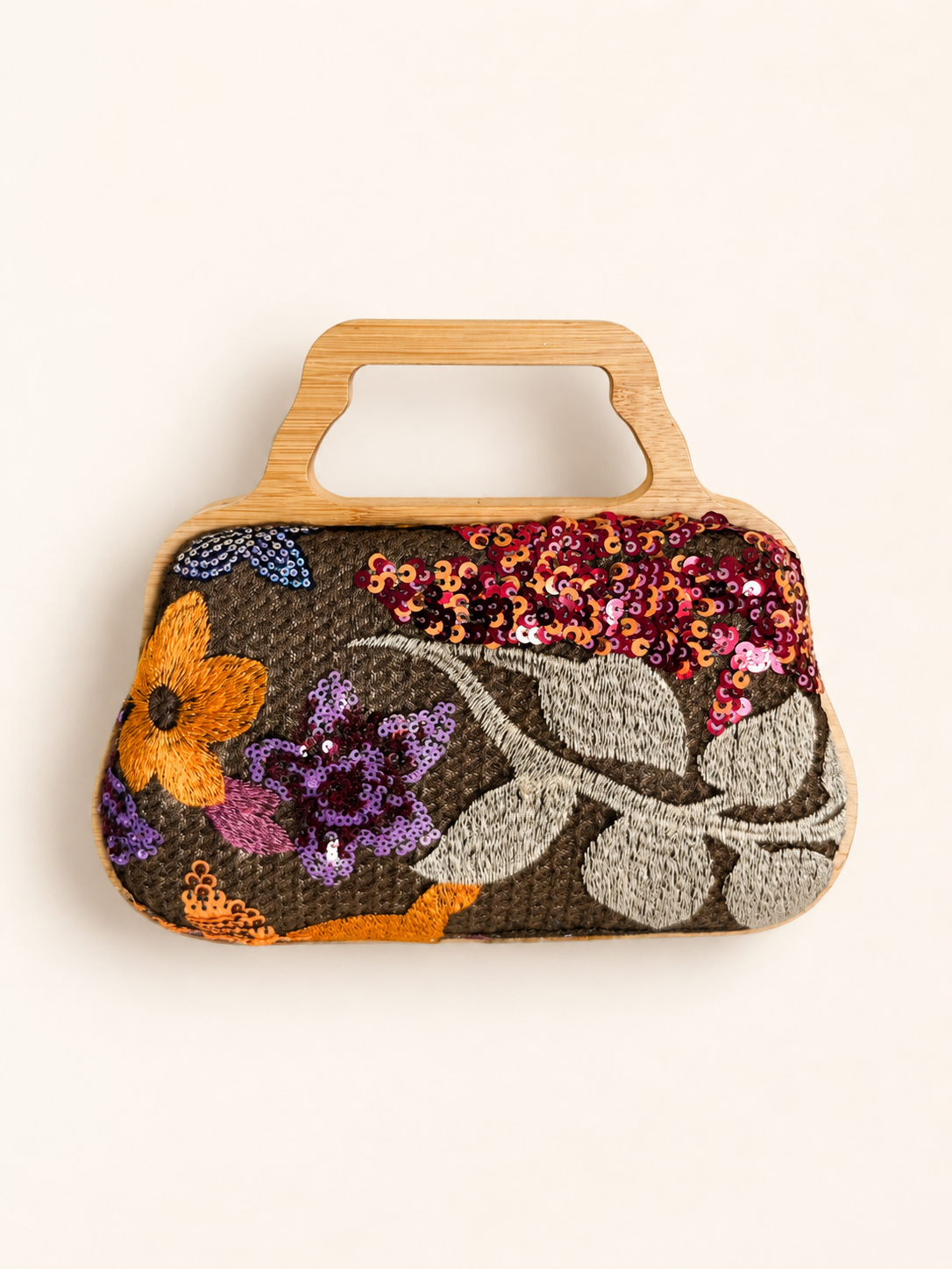 Embellished Floral Wooden Handle Clutch Bag with Detachable Chain Strap