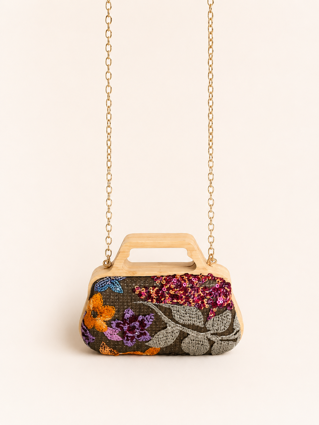 Embellished Floral Wooden Handle Clutch Bag with Detachable Chain Strap
