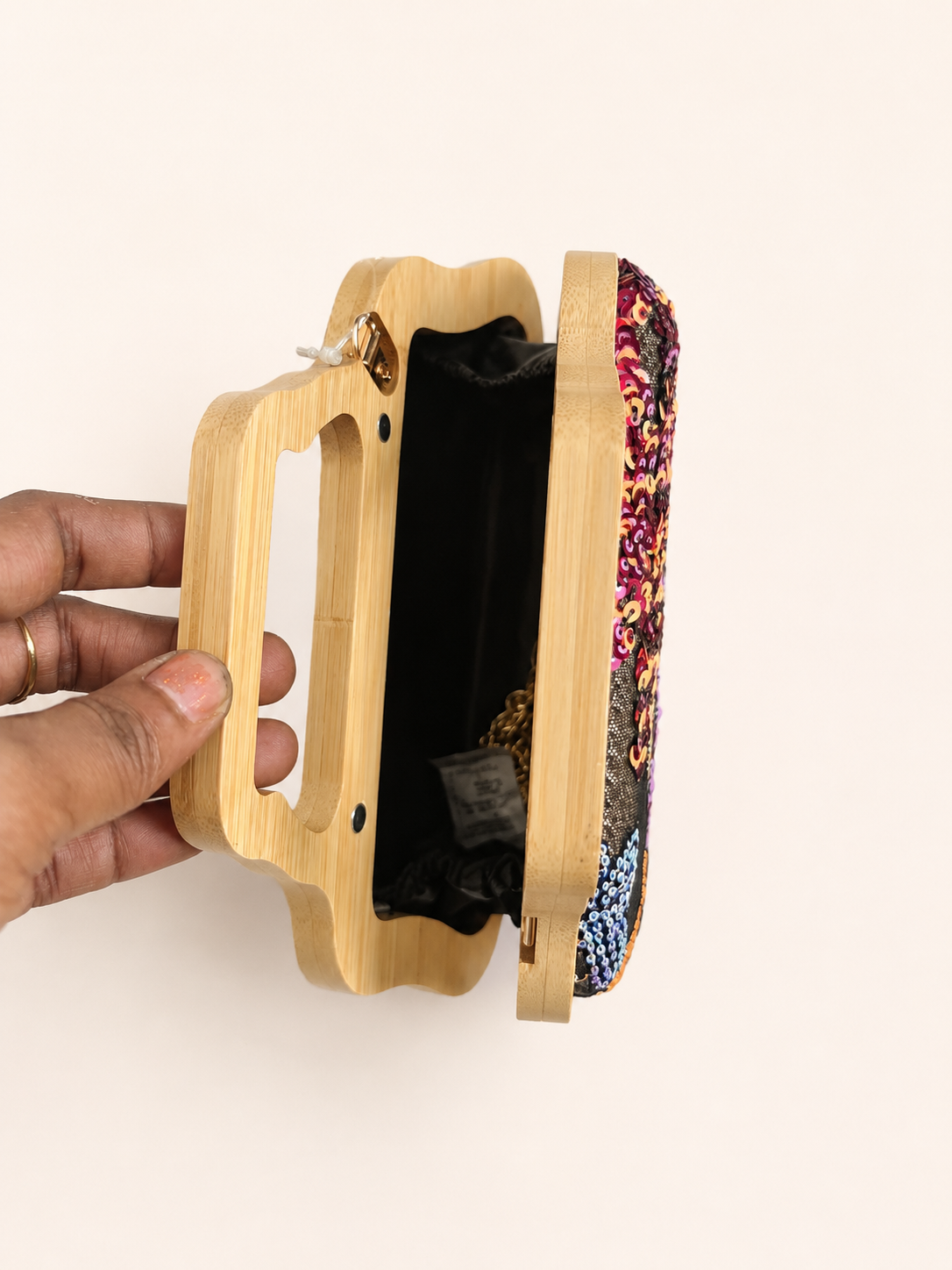 Embellished Floral Wooden Handle Clutch Bag with Detachable Chain Strap