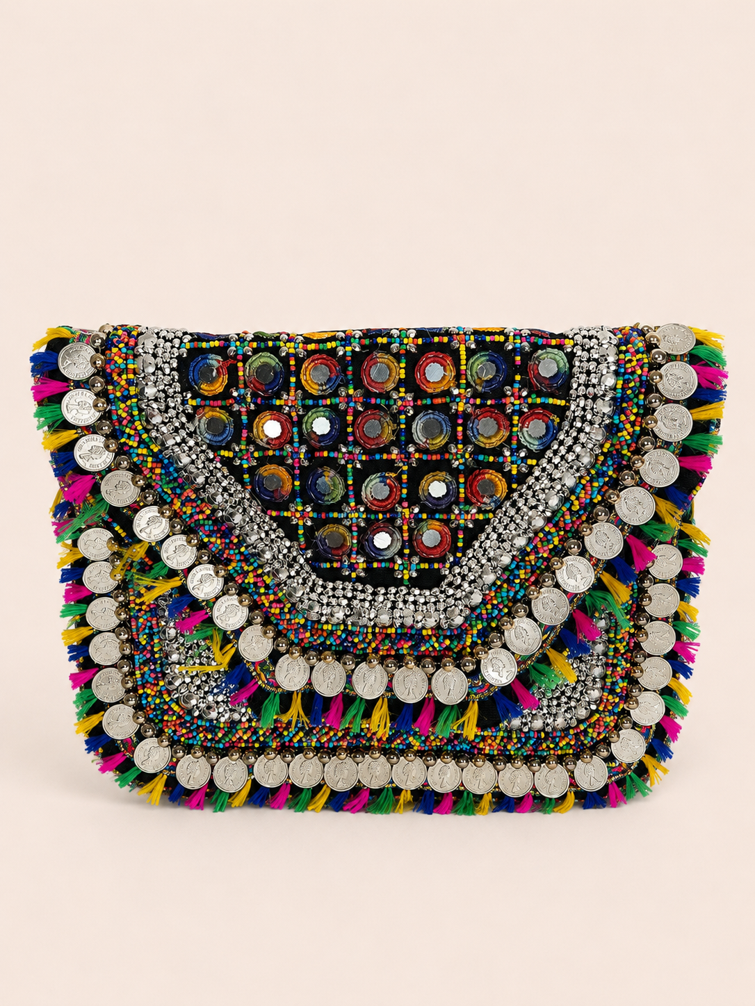 Multicolor Boho Coin Embellished Sling Bag with Mirror Work & Tassels