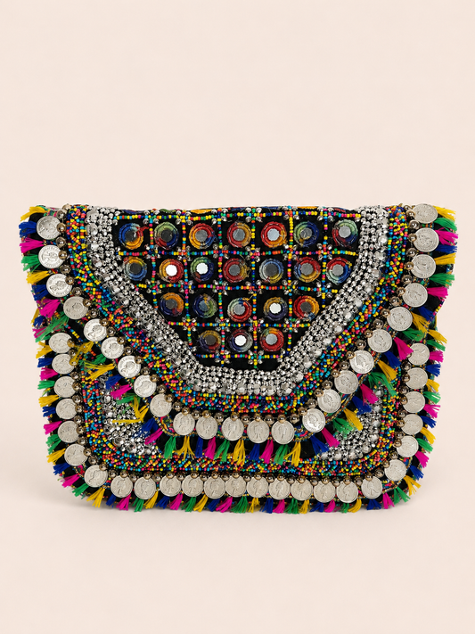 Multicolor Boho Coin Embellished Sling Bag with Mirror Work & Tassels