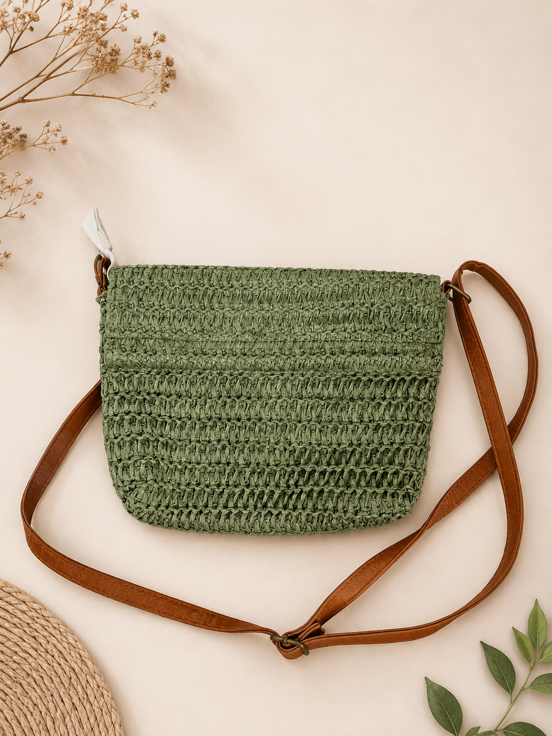 Sage Green Handwoven Straw Sling Bag for Women
