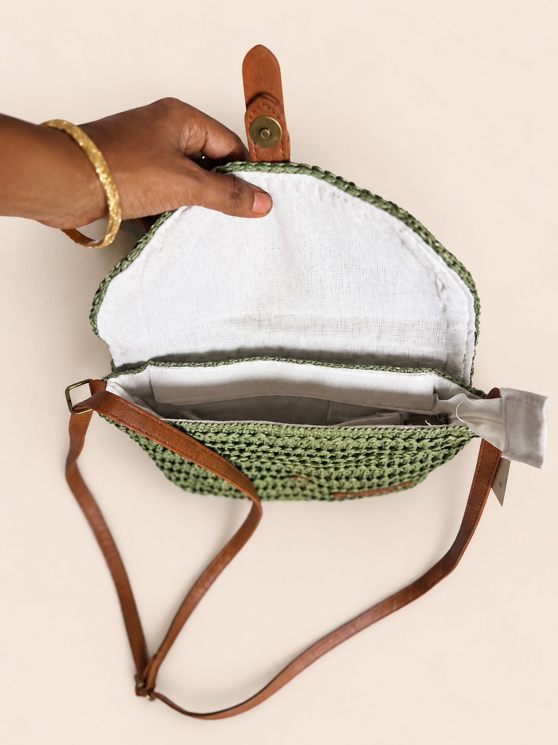 Sage Green Handwoven Straw Sling Bag for Women