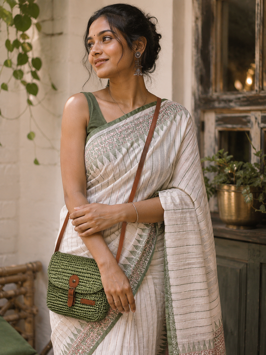 Sage Green Handwoven Straw Sling Bag for Women