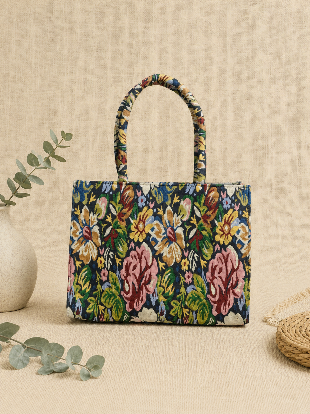 Floral Jacquard Box Tote Bag for Women