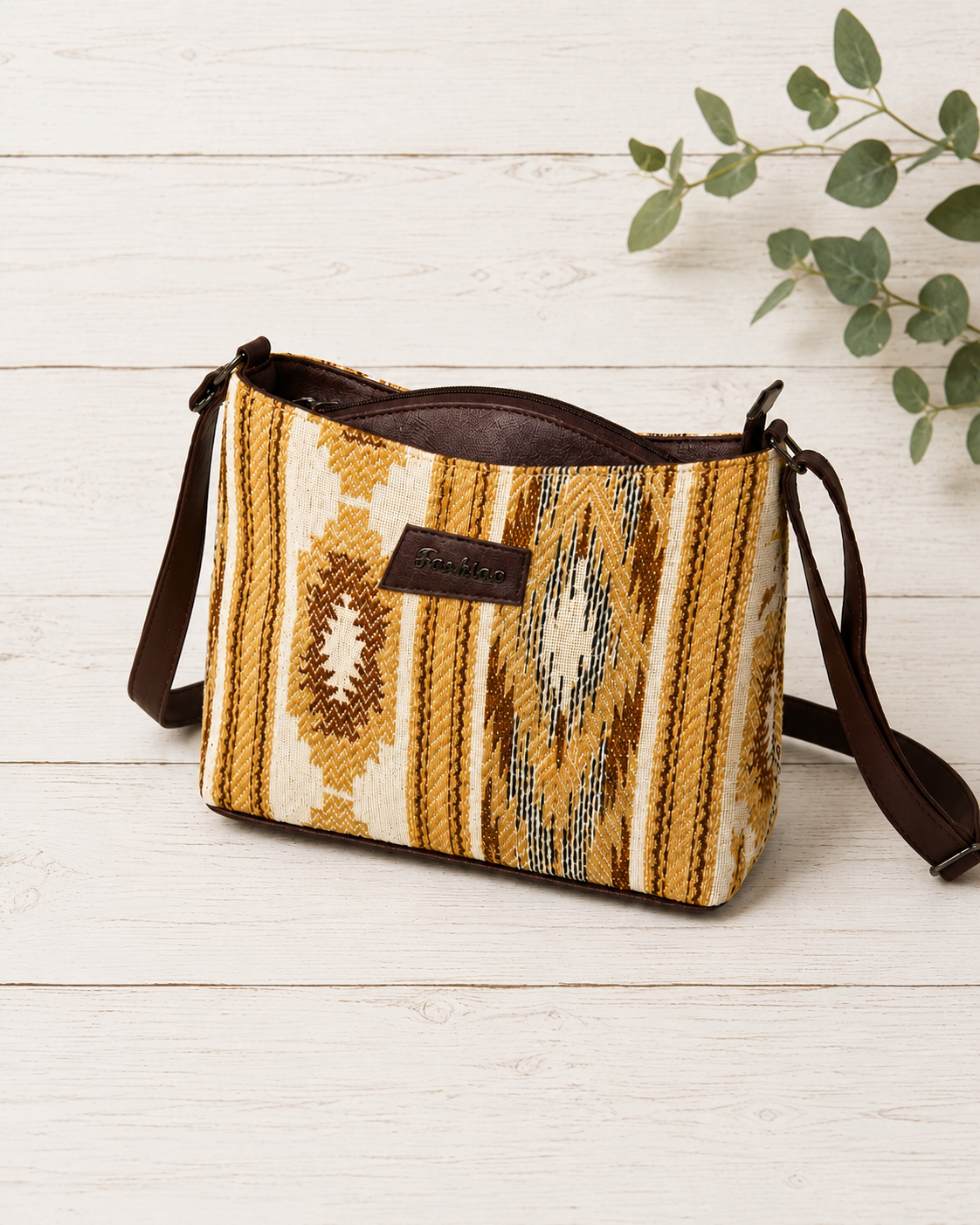 Boho Jacquard Cotton Sling Bag for Women | Self-Woven Ethnic Crossbody Bag with Back Zip Pocket
