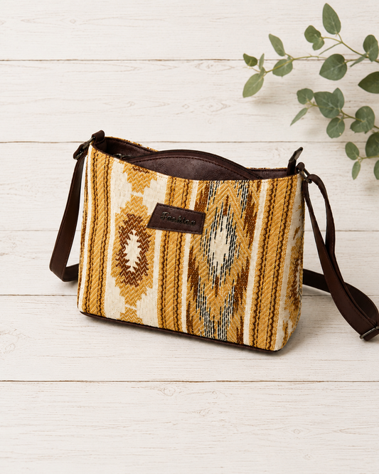 Boho Jacquard Cotton Sling Bag for Women | Self-Woven Ethnic Crossbody Bag with Back Zip Pocket