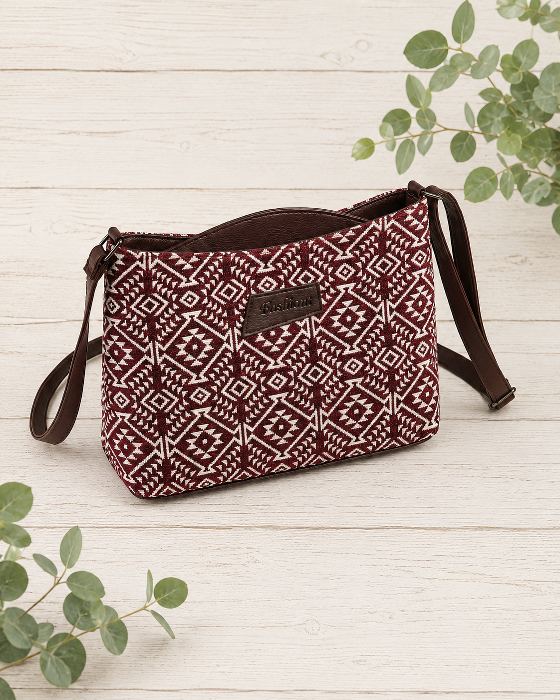 Maroon Geometric Jacquard Cotton Sling Bag