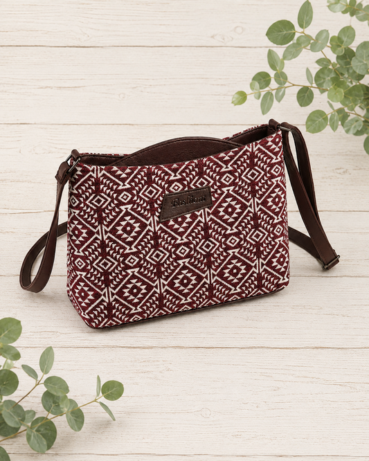Maroon Geometric Jacquard Cotton Sling Bag