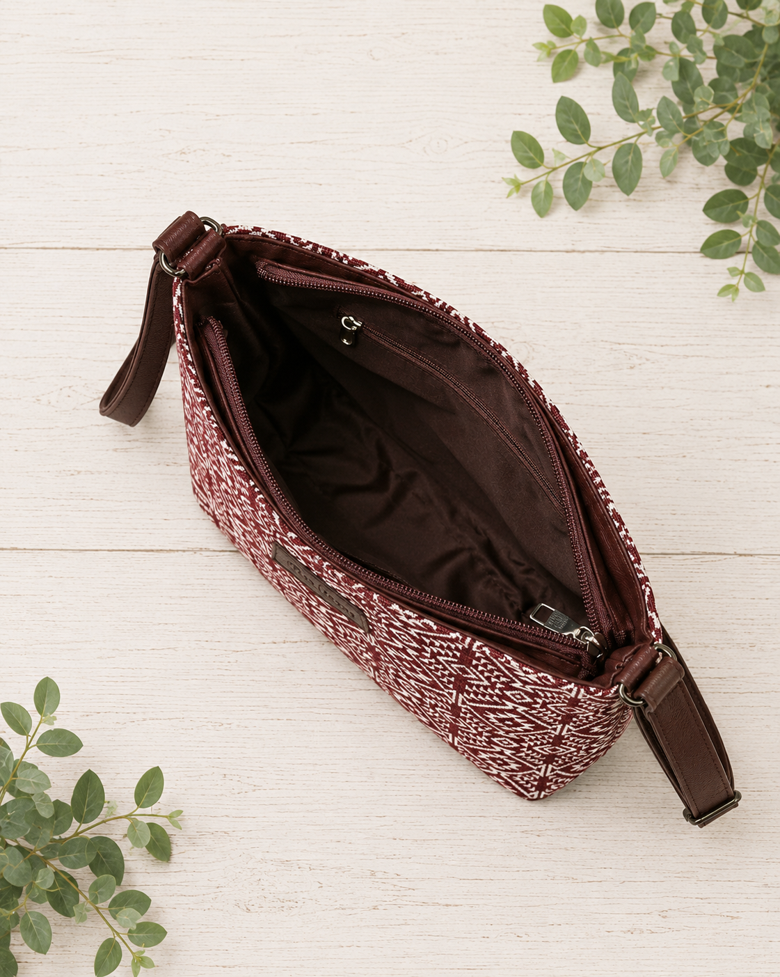 Maroon Geometric Jacquard Cotton Sling Bag