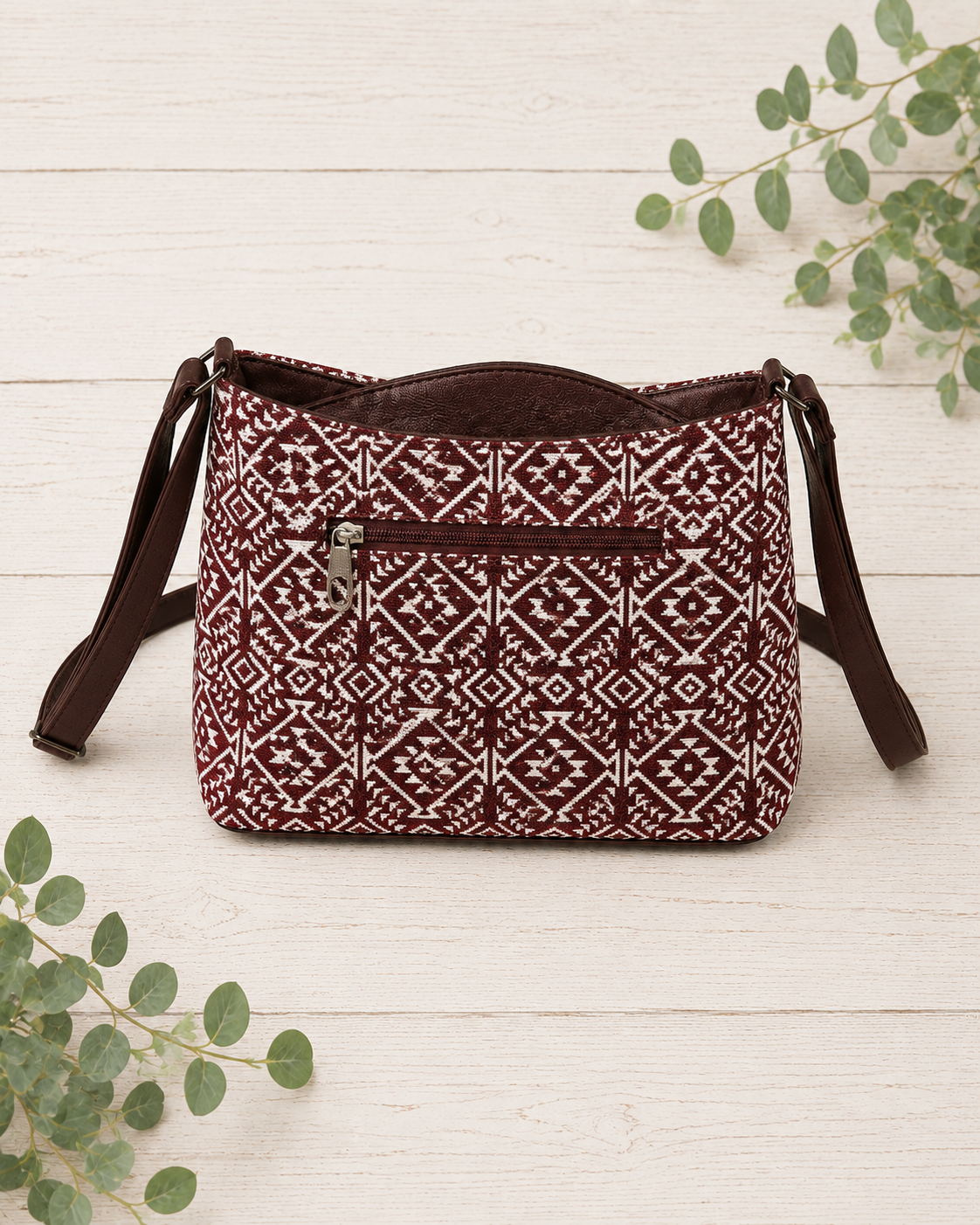 Maroon Geometric Jacquard Cotton Sling Bag