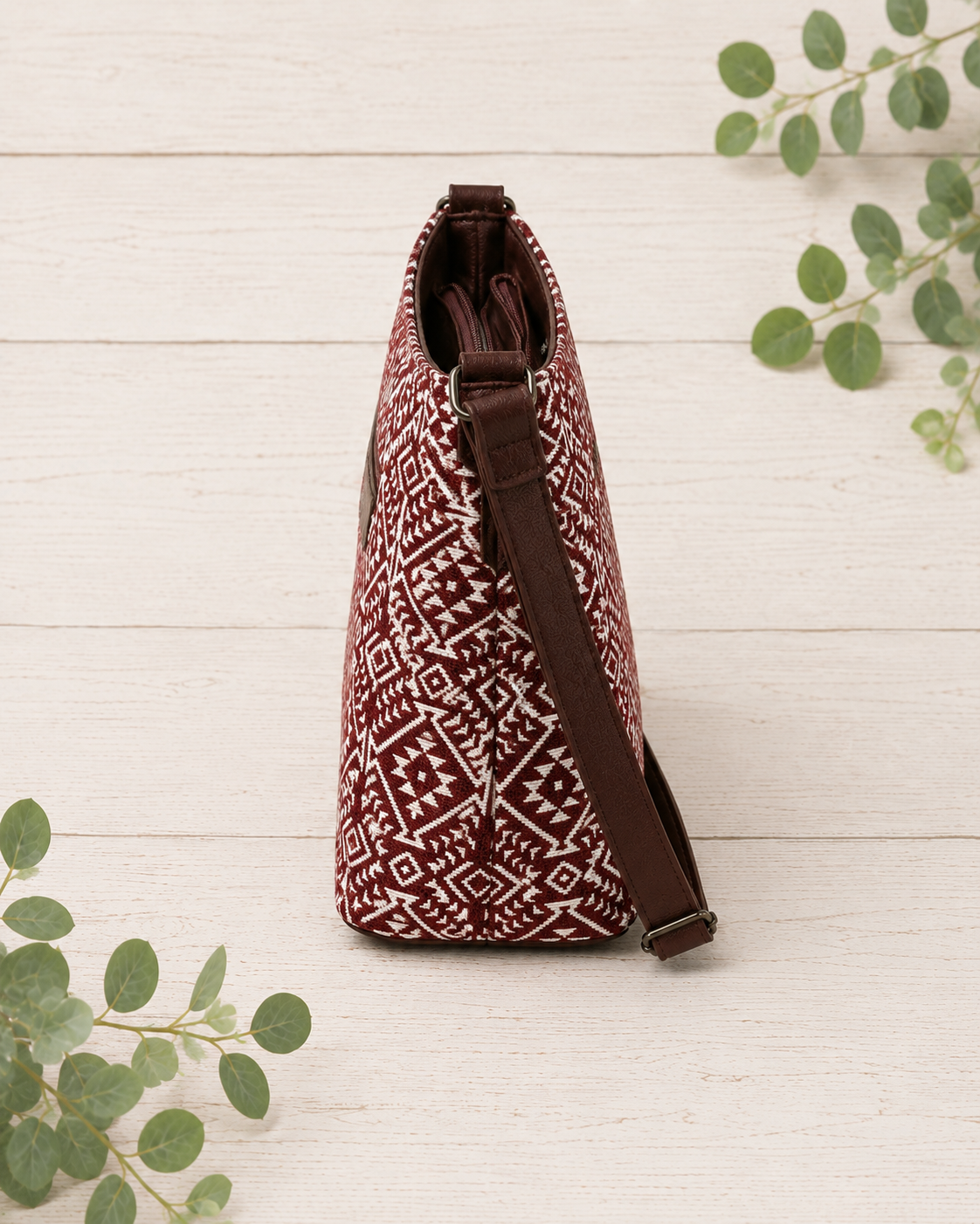 Maroon Geometric Jacquard Cotton Sling Bag