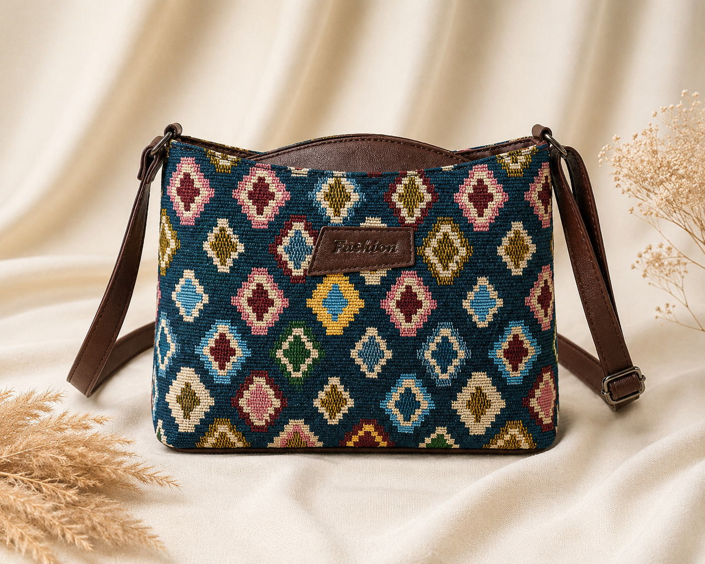 Boho Blue Jacquard Self Woven Sling Bag
