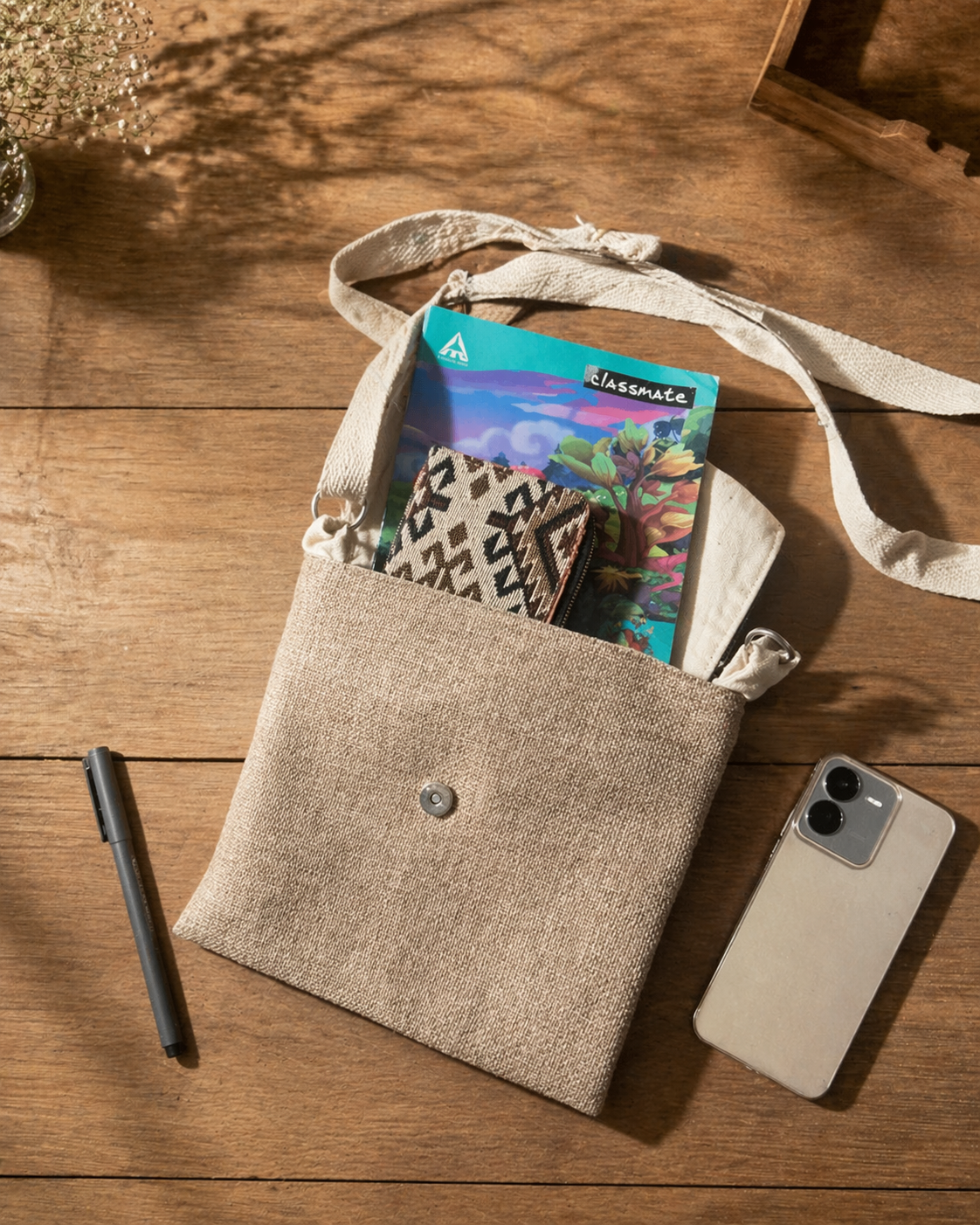 Handcrafted Jute Sling Bag with Printed Flap