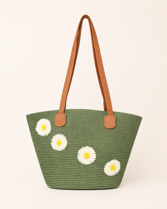 Daisy Straw Olive Green Tote Bag for Women