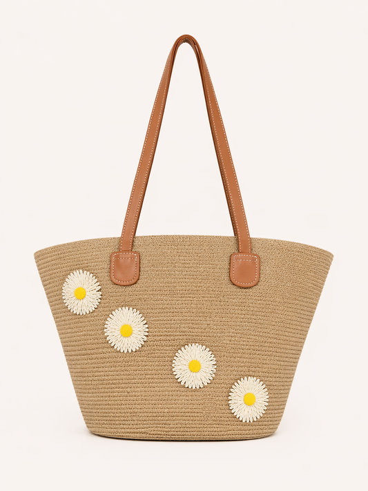 Daisy Straw Brown Tote Bag for Women