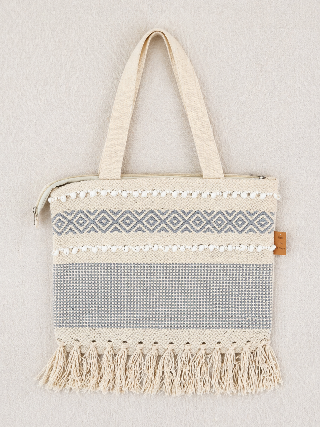 Eco Blue Woven Cotton Tote Bag with Tassel Fringe