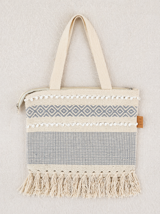 Eco Blue Woven Cotton Tote Bag with Tassel Fringe