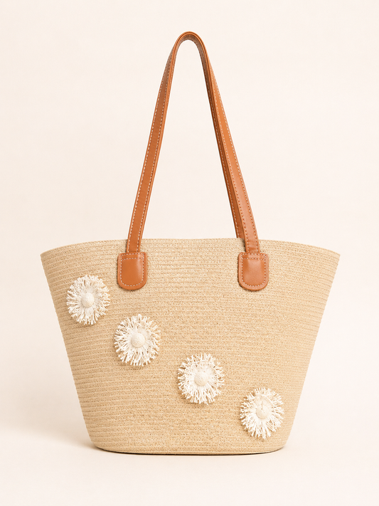 Daisy Straw Off-white Tote Bag for Women