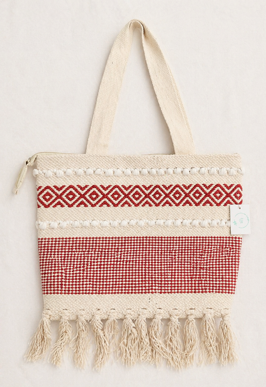 Eco Red Woven Cotton Tote Bag with Tassel Fringe