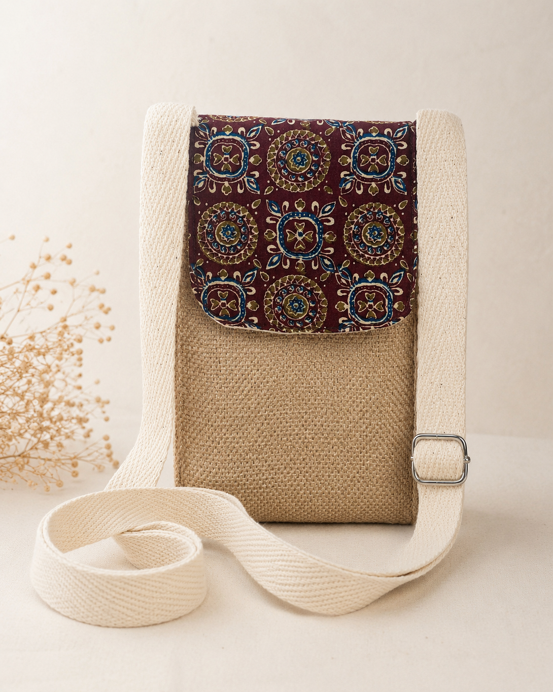 Beige n  Brown Ajrak Flap Mobile Sling bag