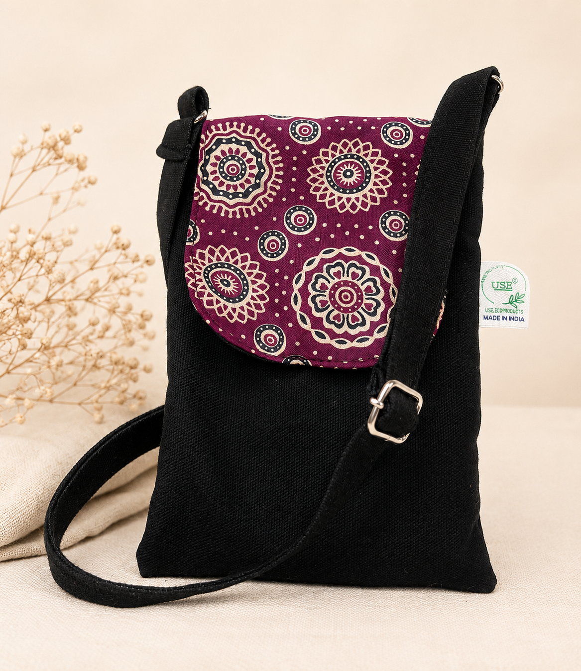 Black-Ajrak Mobile Sling bag